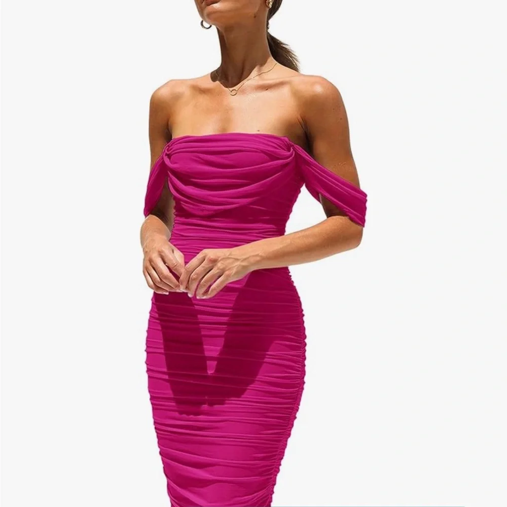 PRETTYGARDEN Amazon Womens Summer Off Shoulder Ruched Bodycon Midi Dress, NWT - Picture 2 of 8